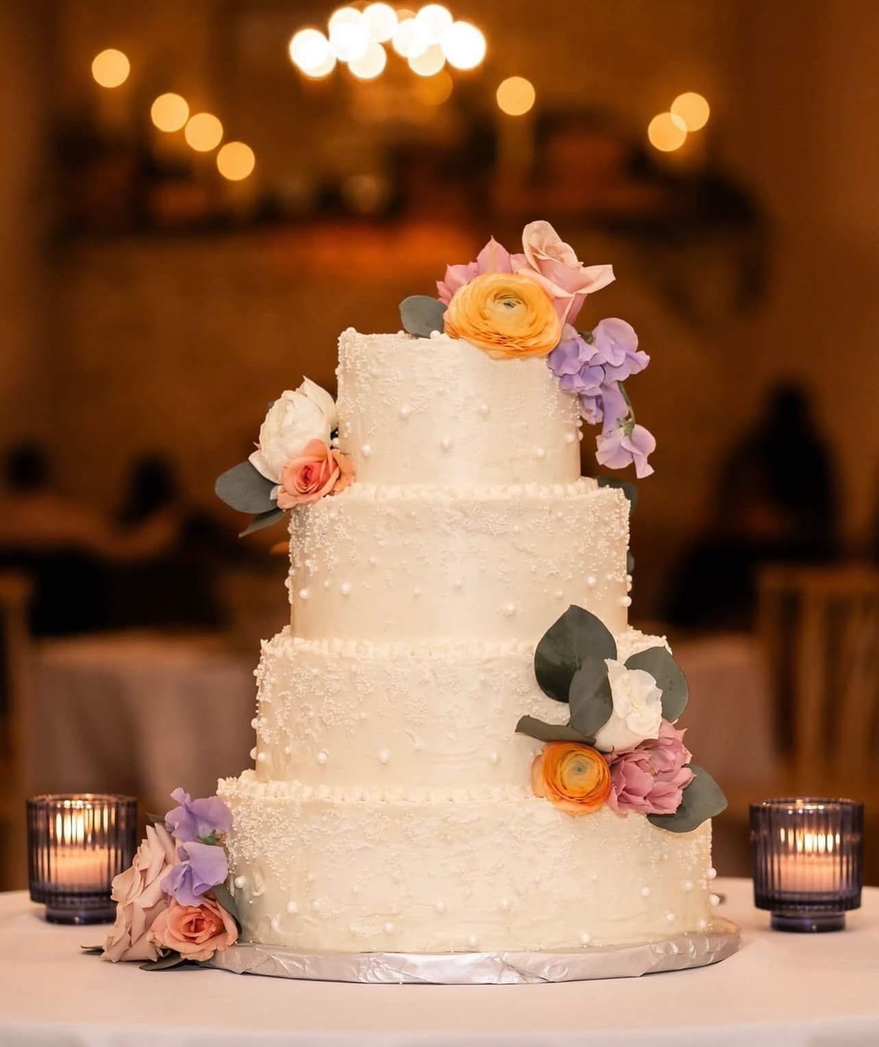 White Pearl Floral Wedding Cake